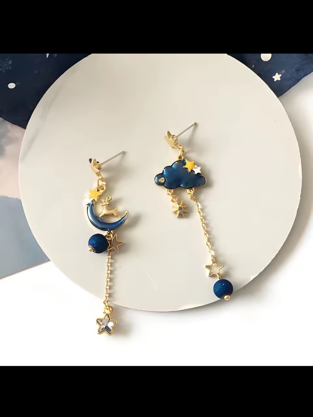 Gold-Tone Blue Cloud and Crescent Moon Drop Earrings - Picture 4 of 6